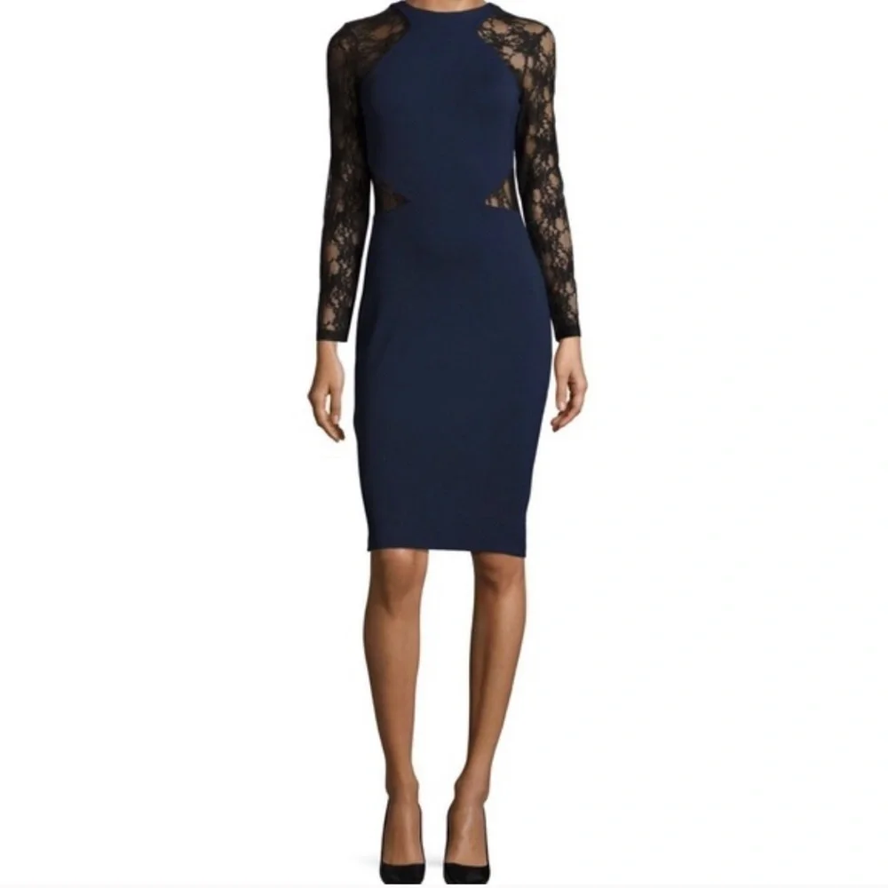 French Connection Viven Semi Sheer Lace Bodycon Dress Navy French Connection Viven Semi Sheer Lace Bodycon Dress Navy